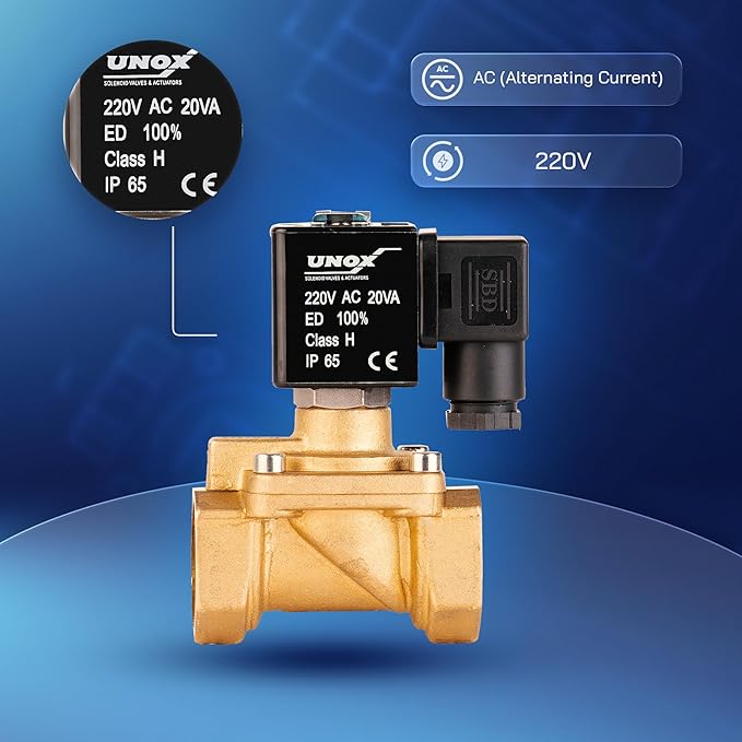 UNOX 3/4" NPT Solenoid Valve 220V AC, Brass Control Valve Normally Closed - 7-232 PSI Multi-Purpose Reliable Control Valve for Water, Air, and Gas - Solenoid Valves