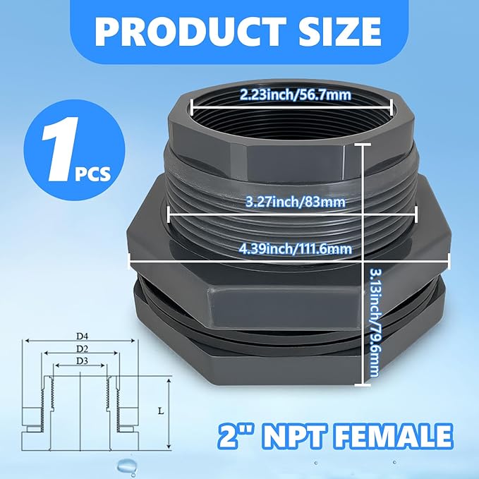 Bulkhead Fitting 2 Inch PVC - Heavy-Duty Plumbing Kit for Water Tank, Aquariums, Rain Barrels & Pools with Reinforced Seals (2 Inch)