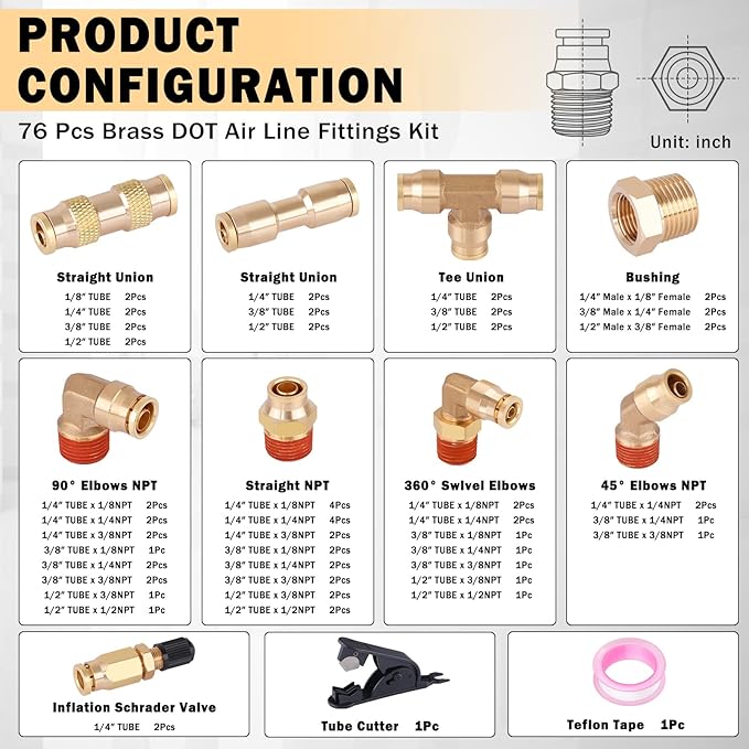 CheeMuii 76 Pcs Brass DOT Air Line Fittings Kit Push Lock Air Fittings Push to Connect Fittings NPT Thread & Quick Connect Air Hose Fittings for DOT Air Line Air Hose Pneumatic Tubing