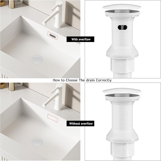 Bathroom Sink Drain,Drain Stopper Bathroom Sink Without Overflow,Pop Up Drain Assembly with Detachable Strainer Basket,Built-in Anti-Clogging, Stainless Steel Nut White