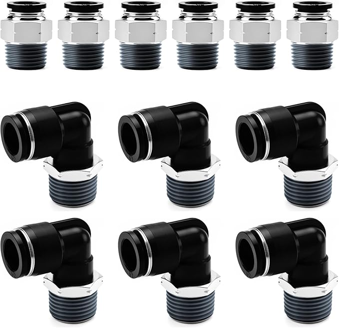 Pneumatic 1/2 Push to Connect Fittings Male Thread Elbow and Straight Combination Air Line Quick Connect Fittings 1/2"OD x 1/2"NPT Quick Connect Air Hose Fittings (Pack of 12)