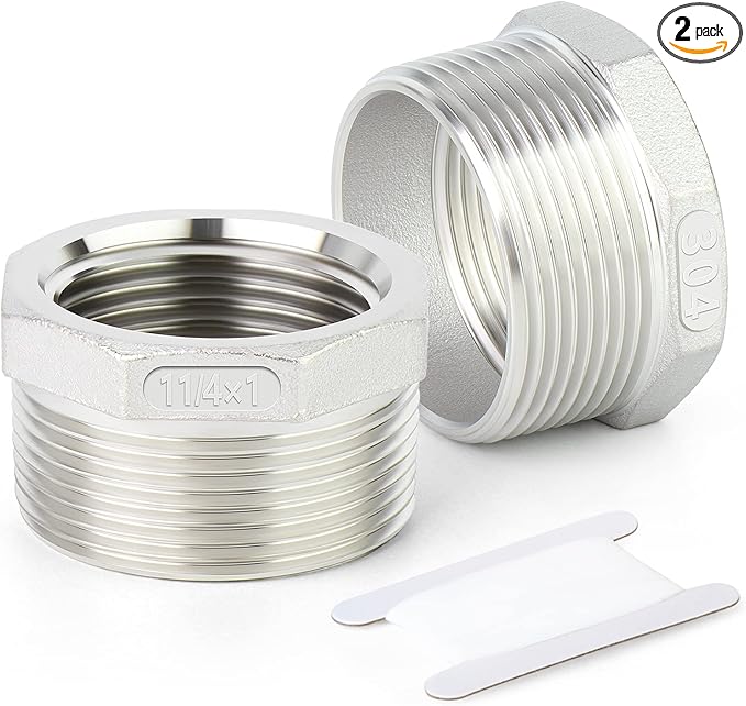 TAISHER 2PCS 304 Stainless Steel Reducer Hex Bushing, 1-1/4" NPT Male x 1" NPT Female, Reducing Pipe Adapter Fitting