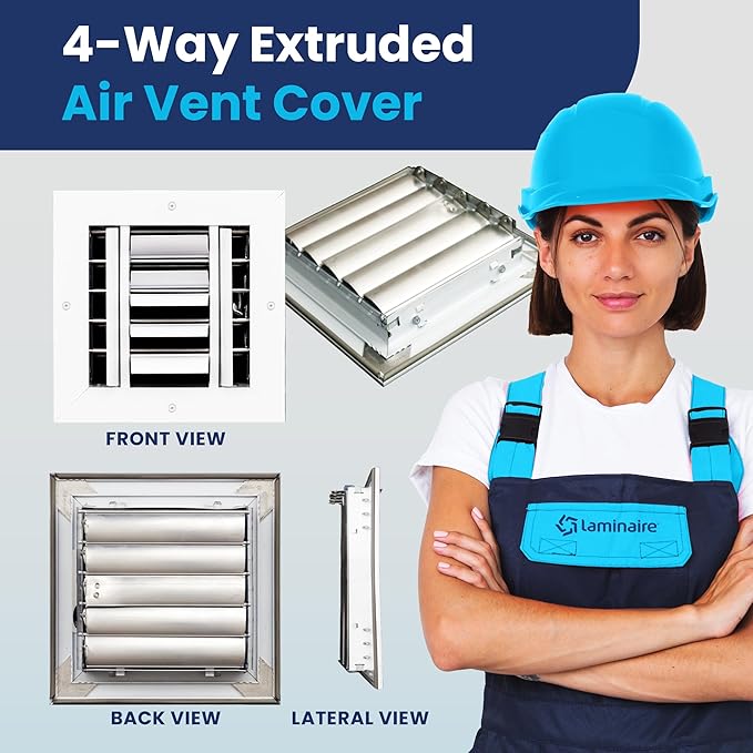 6x6 Inch (Duct Opening) Aluminum 4-Way Air Flow Vent – HVAC Vent Cover for Wall or Ceiling – Quiet HVAC Wall Register with Multi-Shutter Damper – Adjustable Curved Blade - Plastic Seal for Tight Fit