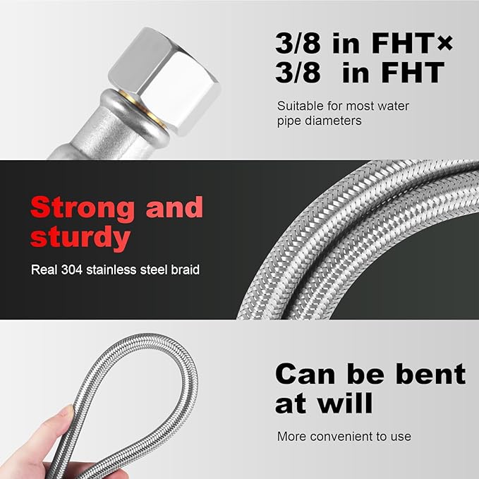 Dishwasher Installation Kit, 8ft,Dishwasher Water Supply Line, Stainless Steel Braided Burst Proof Hose 3/8''x 3/8''Kit With Tee Stop Valve