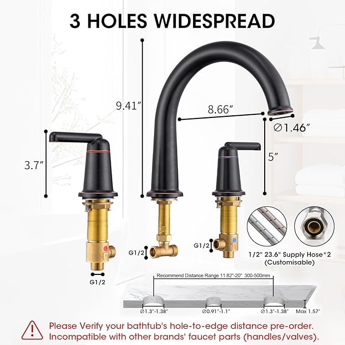 High Flow Roman Tub Faucet with Valve, Widespread Solid Brass 3 Hole Bathtub Faucet, 2 Handle Deck Mount Bath Tub Filler with Supply Water Hoses, Oil Rubbed Bronze