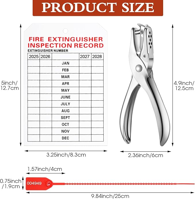 Chunful 101 Pieces Monthly Fire Extinguisher Inspection Tags 2025 to 2028 Maintenance Tags Plastic Tamper Seals Numbered Security with Handheld Hole Puncher(White)