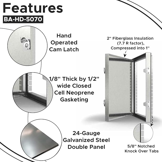 Best 6” x 6” Hinged Duct Access Panel with Neoprene Gasketing, 24-Gauge Galvanized Steel Access Door for Sheet Metal Duct, Fiberglass Insulated Double Panel, Notched Knock Over Tabs, BA-HD-5070