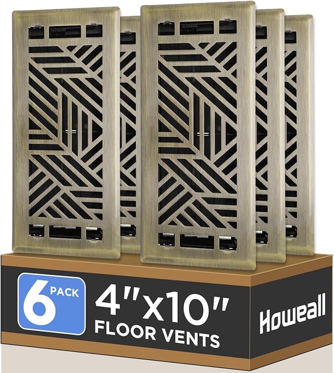 4x10 Inches 6 Pack Heavy Duty Walkable Floor Register Easy Adjust Air Supply Lever Floor Vents - Brooklyn Design - Vent Cover for Home Floor - Antique Brass