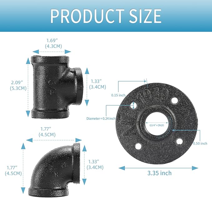 3/4"Black Pipe Fitting, Home TZH 30 Pack Floor Flange/Elbow/Tee Combo for Industrial vintage style, Flanges/Elbow/Tee with Threaded Hole for DIY Project/Furniture/Shelving(30, Black 3/4")