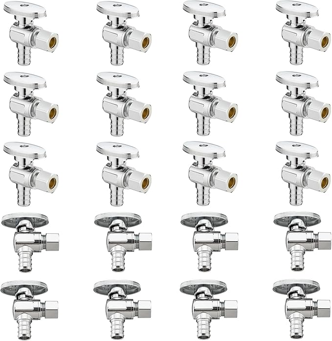 (20 Pack) Lidertik 1/2 inch Crimp PEX-B Angle Stop Valve 1/2 inch x 3/8 inch Compression for Water Toilet Bathroom Sink Brass Plated Chrome 1/4 Turn Valve LI-JF1-1807-A(20 PCS)