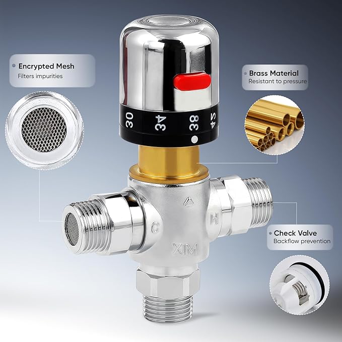 3-Way Thermostatic Mixing Valve, DN15 Temperature Control Bathroom Faucet and Shower Water Mixer Valve G1/2 NPS Male Connections,Chrome…