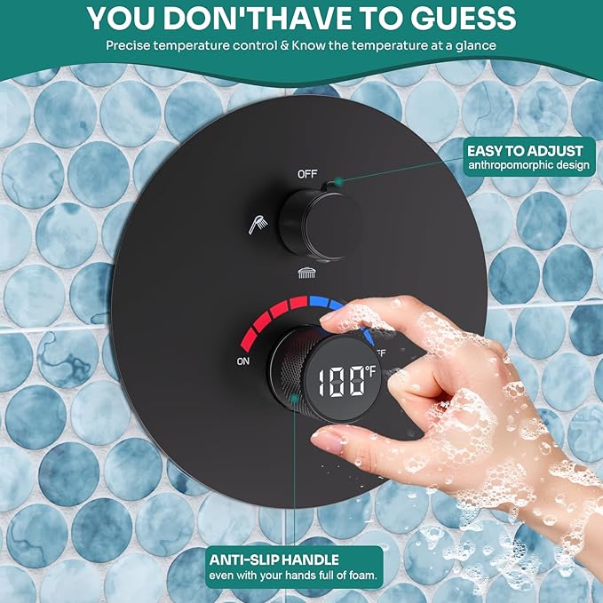 Temperature Display Shower Valve 3 Way Brass Rough-in Mixer and Round Trim Kit, Triple Function Digital Shower Diverter, Black