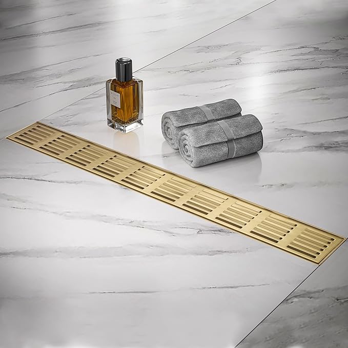 Linear Shower Drain 32 Inch,Rectangular Shower Drain SUS-304 Stainless Steel, 51L/Min Fast Drainage Floor Linear Drain, US Standard CUPC Certified, Zirconium Gold, SD-109