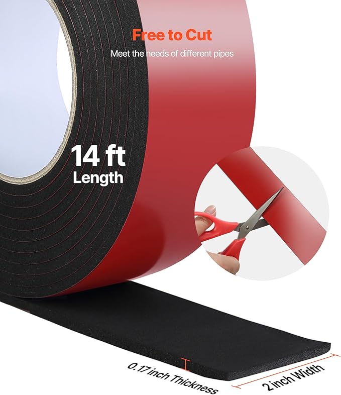 VEVOR Pipe Insulation Wrap, 14 FT x 2-inch Pipe Insulation Foam Tape, Self-Adhesive Water Pipes Insulated Foam Wrap for Winter Freeze Protection, Heat & Cold Resistant for Outdoor Indoor Use