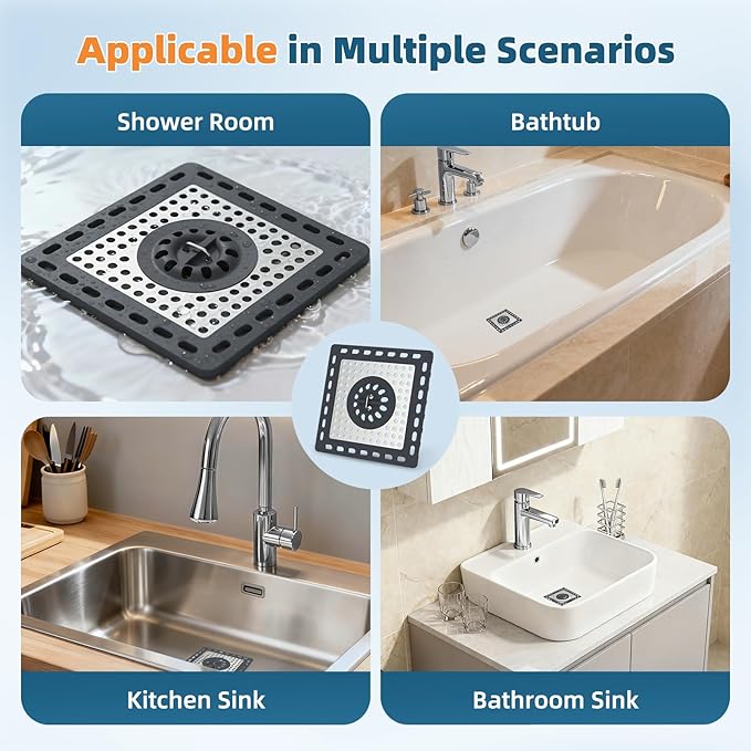 Hibbent Upgraded Shower Drain Hair Catcher, Shower Drain Cover for Bathroom Floor 4" Drain, Anti-Clogging Bathtub Drain Strainer, Stainless Steel Kitchen Sink Drain Strainer with Handle, Dark Grey