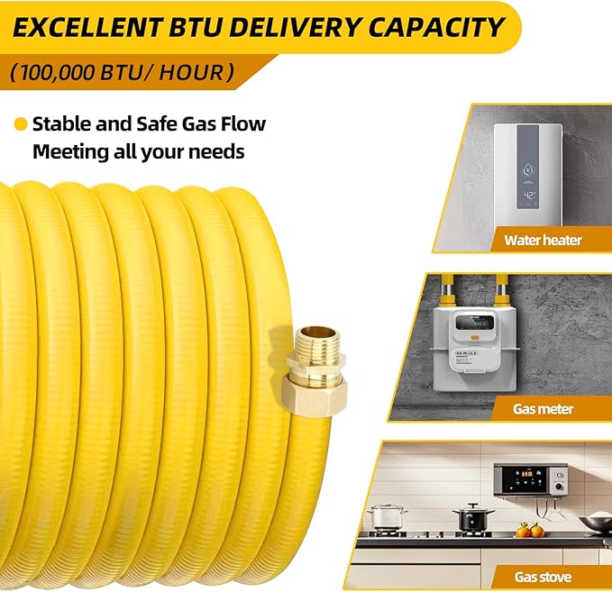 100FT 1/2" CSST Gas Line 1/2in Natural Flexible Gas Line with 2 Male Adapter Fittings, CSST Corrugated Stainless Steel Gas Tubing Pipe Kit for Stove Dryer Heater Gas Propane (100FT)