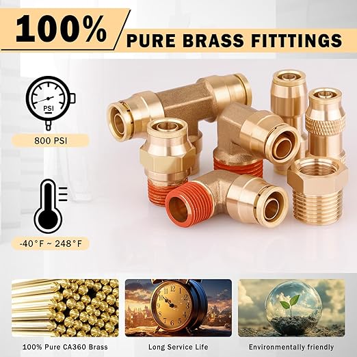 CheeMuii 78 Pcs Brass DOT Air Line Fittings Kit Push Lock DOT Air Fittings 2-in-1 43+35 Pcs Push to Connect Fittings NPT Thread & Quick Connect Air Hose Fittings Assortment