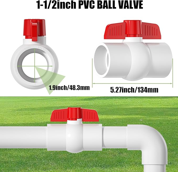 5PCS 1-1/2" PVC Ball Valve, SCH40 Slip PVC Water Pipe Valve with Easy Turn Red T-Handle, Shut-Off Ball Valve Socket for Swimming Pool, Sprinkler Lines, Outdoor Plumbing & Irrigation System