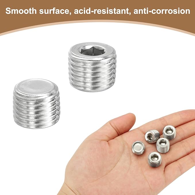 Pipe Plug Stainless Steel Internal Hex Thread Socket Pipe Plug Fitting - Fitting for (Sealing Port - Air Tanks - Water Outlets) 1/4 Inch NPT Male & 6 Pack