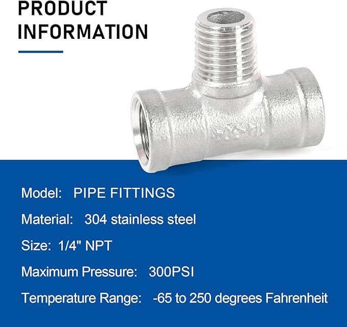 Kodilin Pipe Fittings 304 Stainless Steel Tee Pipe Fittings, 1/4" NPT Female x 1/4" NPT Male x 1/4" NPT Female Pipe Fittings, Male Branch Tee - 4PCS