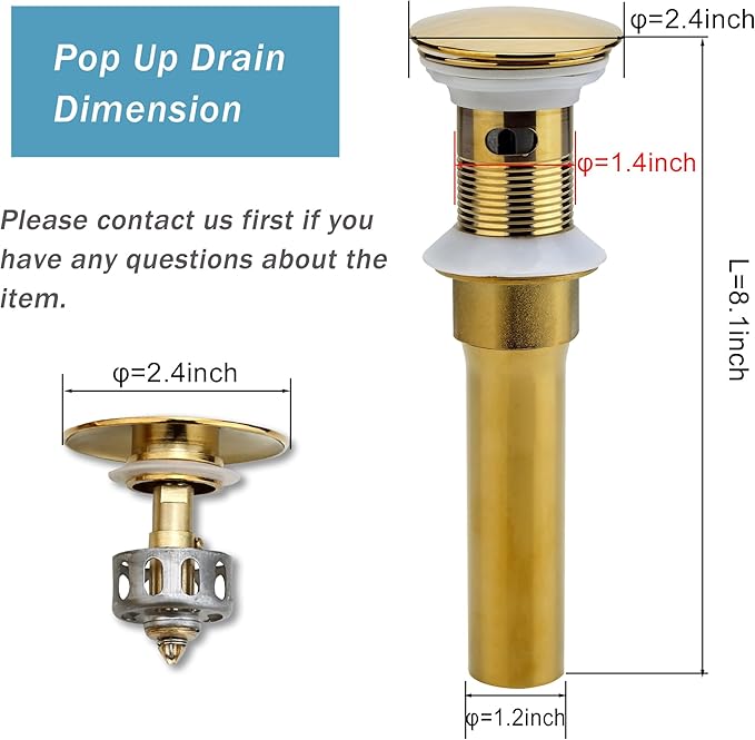Bathroom Sink Drain, 2 Pack Gold Drain Stopper Bathroom Sink with Overflow, Pop Up Drain Assembly with Detachable Strainer Basket, Built-in Anti-Clogging Strainer,Stainless Steel