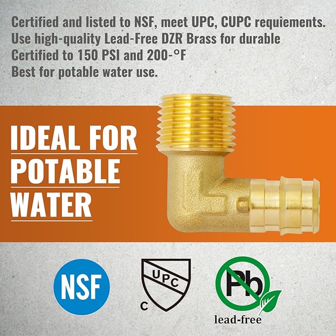SUNGATOR 2-Pack PEX A Expasnion 1/2"x 1/2" Male NPT Elbow Threaded Adapter Brass Fitting, No Lead Brass, ASTM F1960 ONLY For Pex-A Tubing