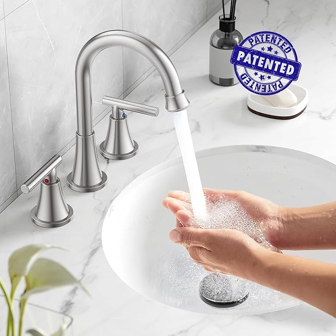 Bathroom Faucets for Sink 3 Hole, Hurran Brushed Nickel Bathroom Sink Faucet with Pop-up Drain and Supply Lines, Stainless Steel Lead-Free Widespread Faucet for Vanity RV Farmhouse Sink