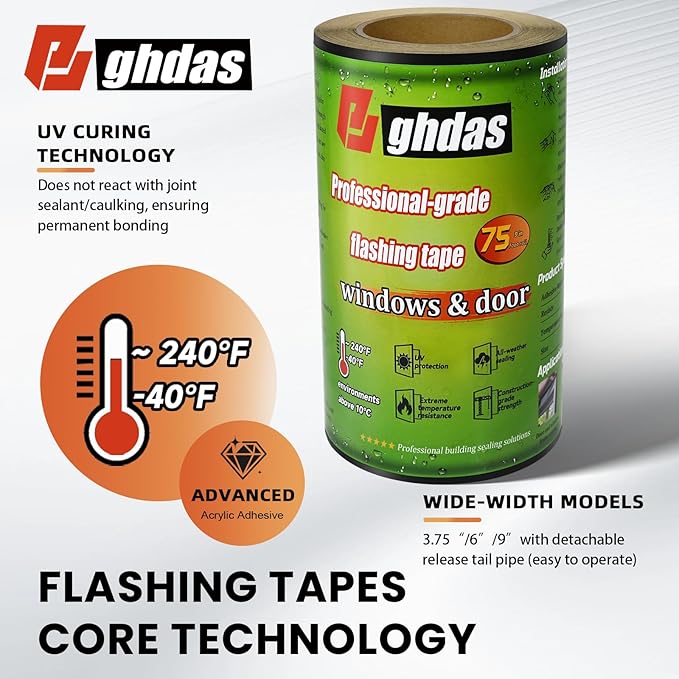 Flashing Tape, 9" x 75', Industrial Strength for Windows, Doors, Weather-Resistant, UV-Resistant, Tear-Resistant, Advanced Acrylic Adhesive, Black