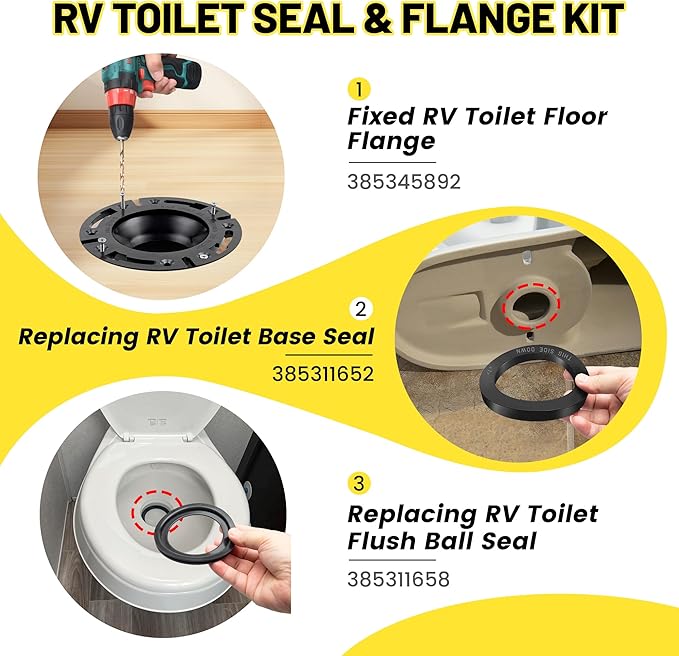 Oyviny RV Toilet Seal and 3" Floor Flange Kit Fits for Dometic 300 310 320 Series RV Toilets, 3 in 1 Combo Replaces 385345892 Socket Flange and 385311652 Gasket & 385311658 RV Toilet Flush Ball Seal