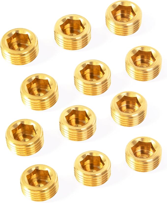 ChillWaves Brass Pipe Fitting, Internal Hex Head Socket Pipe Plug Fitting 1/8" NPT Male Thread Adapter(12-PACK)