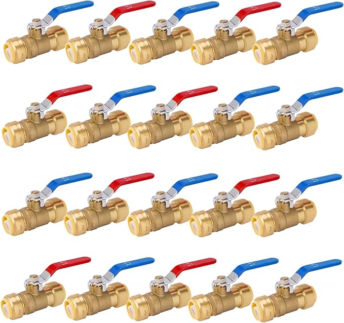 HeSun 20-PCs 1/2 Inch Push Fit PEX Ball Valve, Push-to-Connect Full Port Shut-off Valve for Hot and Cold Water,with 1 Disconnect Clip, PEX,Copper,CPVC, Blue & Red