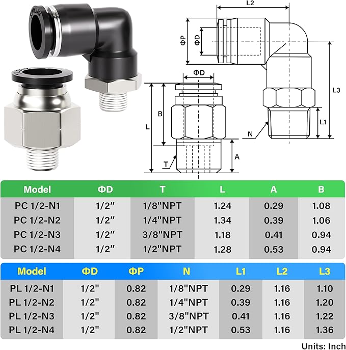 TAILONZ PNEUMATIC Elbow and Straight Combination 1/2 Inch Tube OD x 1/8 Inch NPT Thread Push to Connect Fittings PC-1/2-N1+PL-1/2-N1(Pack of 4)