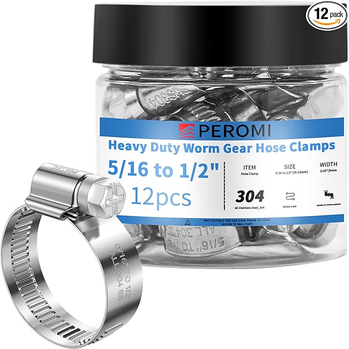 12PCS Heavy Duty Hose Clamps Stainless Steel 304,5/16" Hose Clamp to 1/2" Hose Clamp (8-12mm) Adjustable Worm Gear Drive Small Hose Clamps, Pipe Clamp for Garden, Pipe, Ships and Industry
