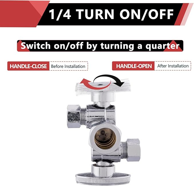 1/4 Turn Dual Compression Outlet Angle Stop Valve with 2 Shut Off Valve/Handles, 1/2" NOM (5/8" OD) x (3/8 inch x 3/8 inch) Chrome,(VALVE134)