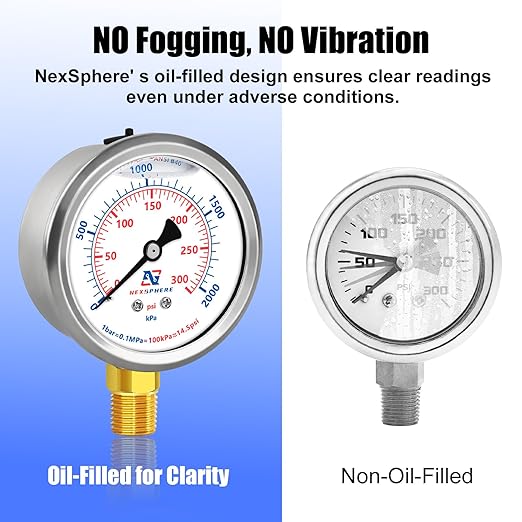 300 PSI Liquid Filled Pressure Gauge, 2.5" Dial, 1/4" NPT Lower Mount, 304 Stainless Steel Case, Glycerin-Filled Manometer for Air Compressor, Oil, Water, HVAC, and Gas Applications