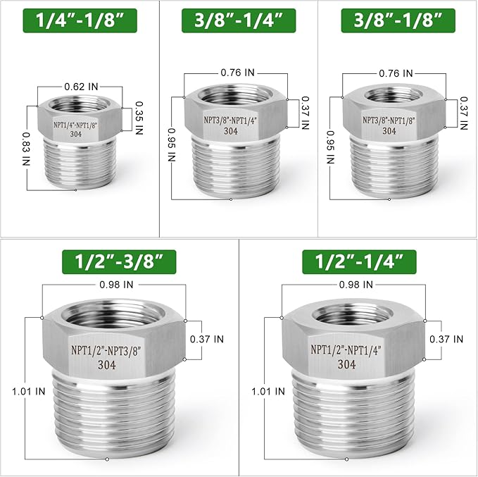 TAISHER 10PCS Forging of 304 Stainless Steel Reducer Hex Bushing Pipe Fittings Kit, 3/8" - 1/4",1/4" - 1/8",3/8" - 1/8",1/2" - 3/8",1/2" - 1/4"