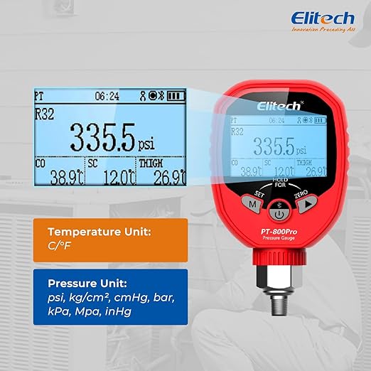 Elitech PT-500/800pro Digital Manifold Gauge with APP Control, Auto Superheat/Subcool Calculation, Compatible with 140 Refrigerants, for HVAC AC Refrigeration Maintenance