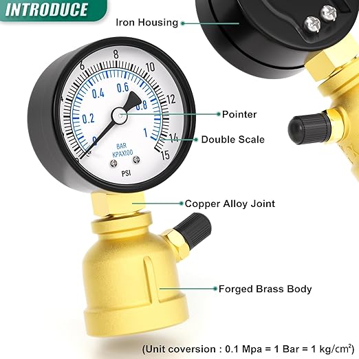0-15PSI Air Test Pressure gauges, 2" Double Graduated Dial, 3/4" FNPT Forged Brass Bell Shape Body Assembly, 1/8" NPT Air Bleeding Valve, for Pressure Testing on Home Gas Line