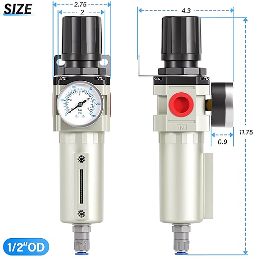 TAILONZ PNEUMATIC 0-240PSI 1/2 Inch NPT Industrial Heavy Duty Particulate Filter and Regulator, Particulate Filter, Coalescing Filter (Automatic Drainage)