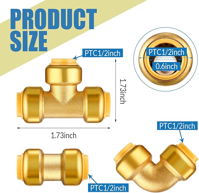 35 Pieces 1/2 Inch Push to Connect Brass Plumbing Fittings Include 14 Straight Coupling 14 Pcs 90 Degree Elbow Plumbing Connectors and 7 Tee Push Fit Fitting Bulk for Copper PEX CPVC Pipe Connect
