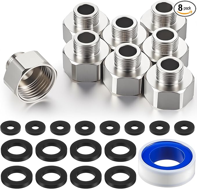 Shimeyao 8 Pcs Brass Water Line Adapter Pipe Fittings in 1/2" Female to 3/8" Male Reducer Adapter Compression Fitting for Bathroom Faucet Supply Hose Pipe Connector with Rubber Washer