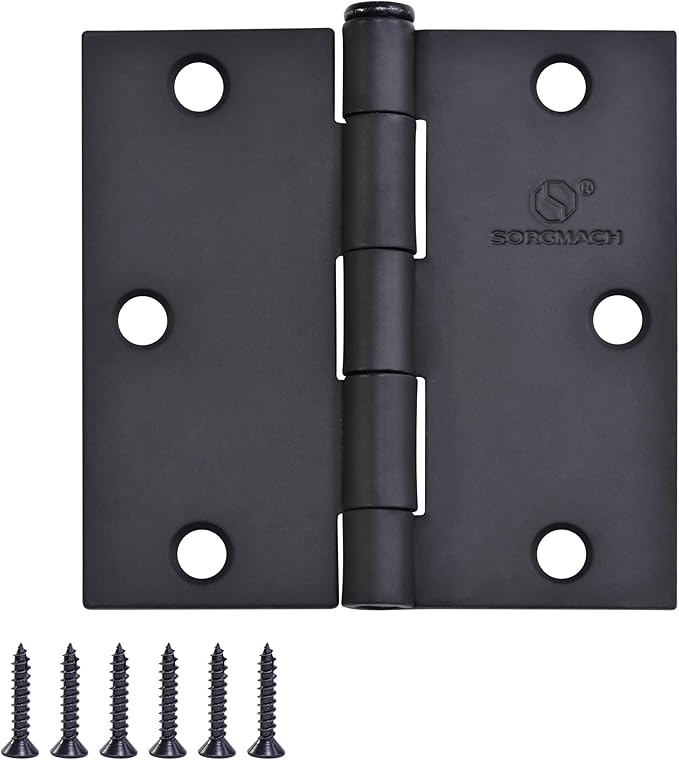 Door Hinge 3 1/2 Inch Interior Door Hinges Matte Black 3.5 Inch Interior Hinges Flat Iron Hinge 3 ½"x 3 ½" Door Hardware Square Corner -18 Pieces