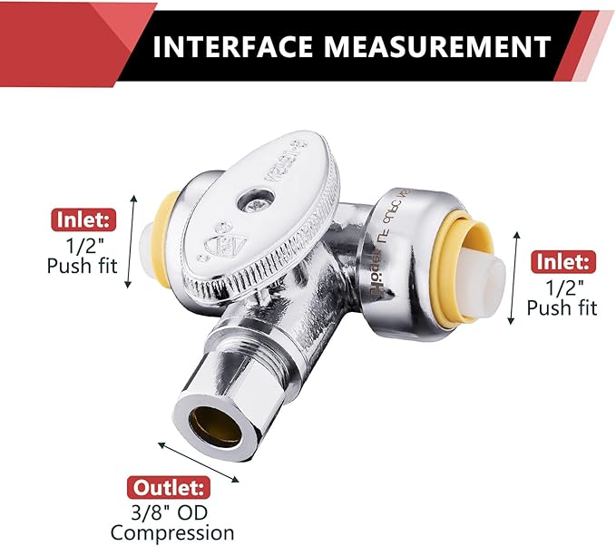 EFIELD Push Fit Tee Stop Valve 1/2" Push x 1/2" Push x 3/8" OD Compression, 1/4 Turn, Water Shut Off Valve Chrome with a Disconnect Clip,(PF-VALVE042)