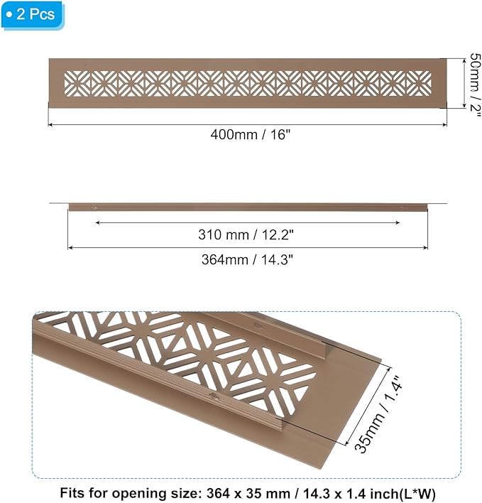 PATIKIL 16 x 2 Inch Door Air Vent Cover, 2 Pcs Heavy Duty Aluminum Grille Ventilation Cover Louvered with Mounting Screws for Cabinet Wardrobe Door, Brown