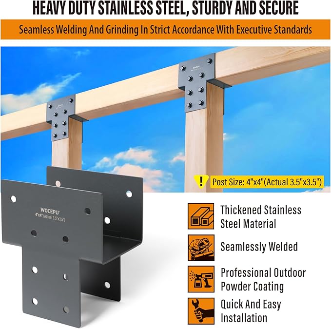 8 Pack Heavy Duty 4x4 (Actual 3.5"x3.5") Stainless Steel Post Caps Tie Bracket , Fit Connecting Wood Gazebo, Deck Patio Post and Wood Beams Bracket (Dark Ggray)