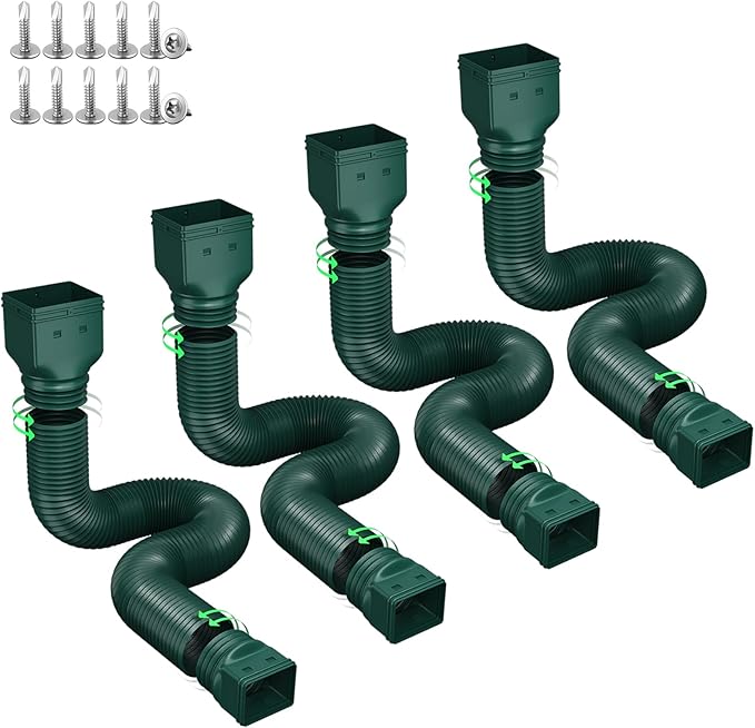 Rain Gutter Downspout Extensions, Downspout Extender for Rainwater Drainage Flexible, Down Spout Drain Extension Pipe and Extendable from 21 to 66 Inches (4 Pack, Green)
