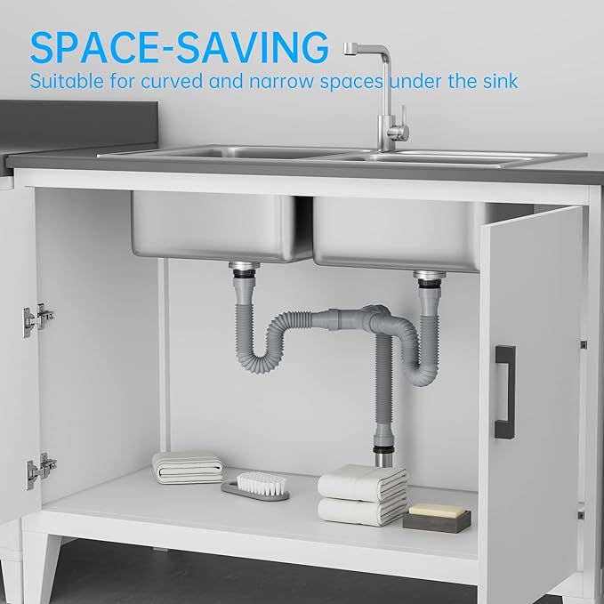 Flexible Expandable P-Trap Kit for Double Kitchen Sink Drain - Fits 1 1/2" or 1 1/4" Pipes-Complete with Sealing Ring, Tape, and Tubing - Perfect for Kitchen, Bathroom, and Restroom Use