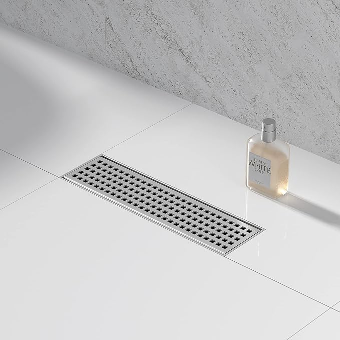 Linear Shower Drain 12", 304 Stainless Steel Floor Drain with Grid Drain Cover & Hair Strainer, Rectangular Shower Drain w/CUPC Certified, Brushed