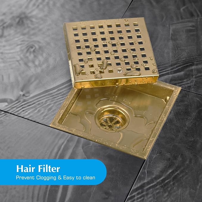 Square Shower Drain, Gold Shower Drain 6 inch with Flange and Removeable Grate Cover, AISI 304 Stainless Steel Gold Shower Floor Drain with Hair Catcher and Flange
