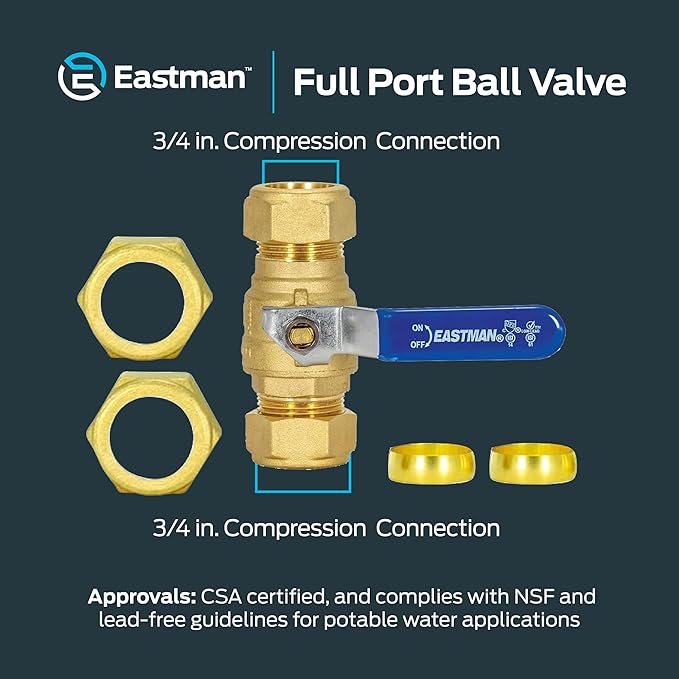 Eastman Full Port Ball Valve, 3/4 x 3/4 Inch Compression Ends, Brass Inline Water Shut-Off Valve, 20097LF